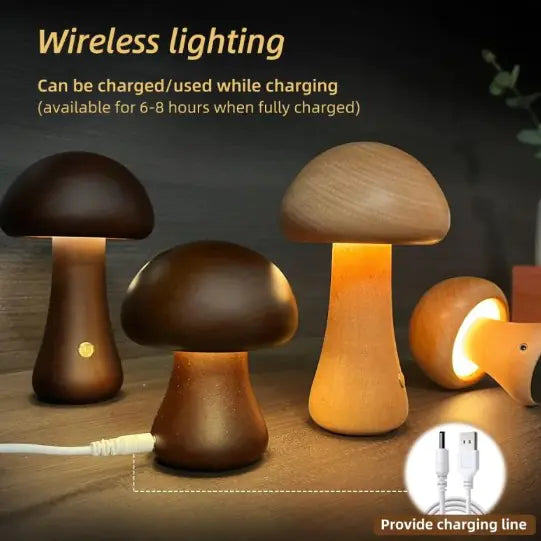Lámpara LED Hongo de Madera – Wooden Cute Mushroom LED Night Light