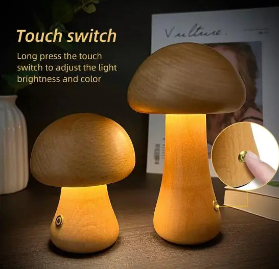 Lámpara LED Hongo de Madera – Wooden Cute Mushroom LED Night Light