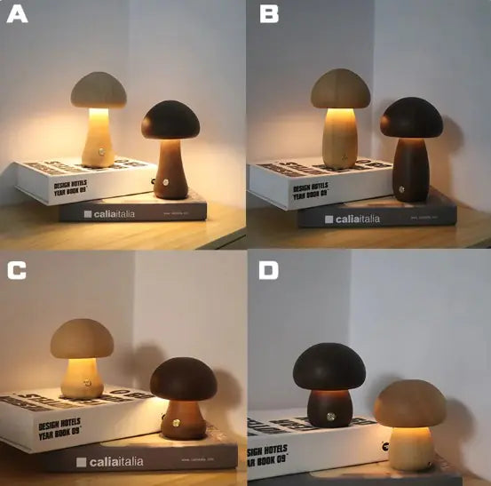 Lámpara LED Hongo de Madera – Wooden Cute Mushroom LED Night Light