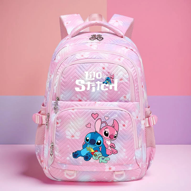 Mochila Stitch & Lilo - Gran capacidad, negra con diseño de gradiente rosa y púrpura, correas ajustables, poliéster duradero, ideal para la escuela, viajes y uso diario, mochila para la escuela.