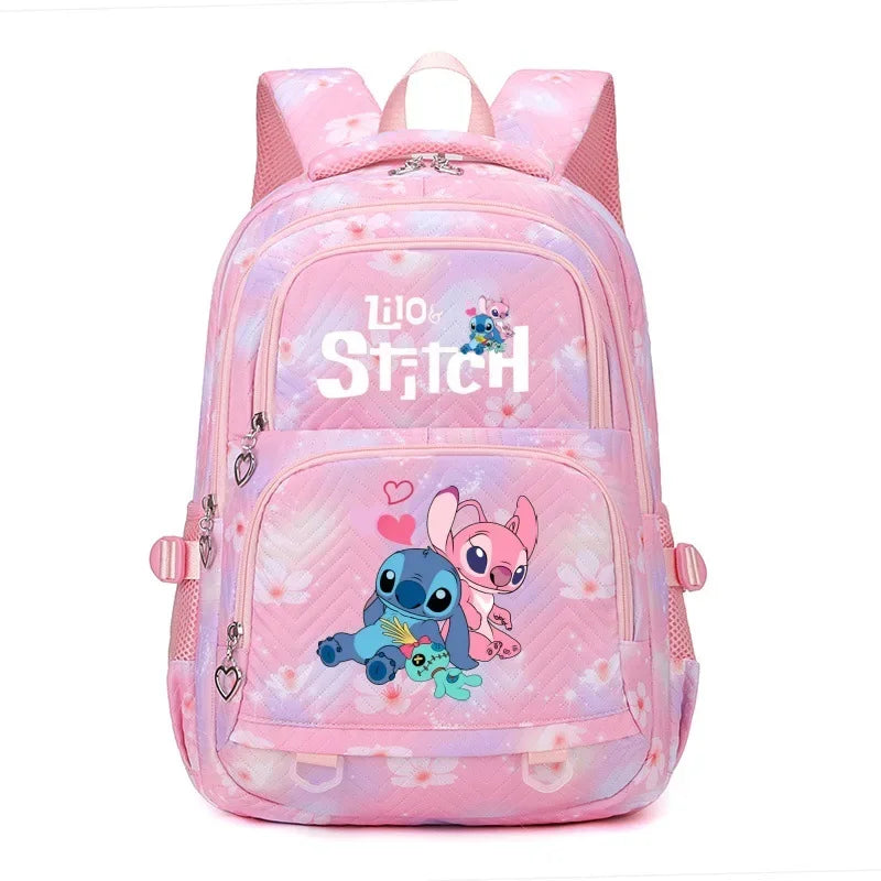 Mochila Stitch & Lilo - Gran capacidad, negra con diseño de gradiente rosa y púrpura, correas ajustables, poliéster duradero, ideal para la escuela, viajes y uso diario, mochila para la escuela.