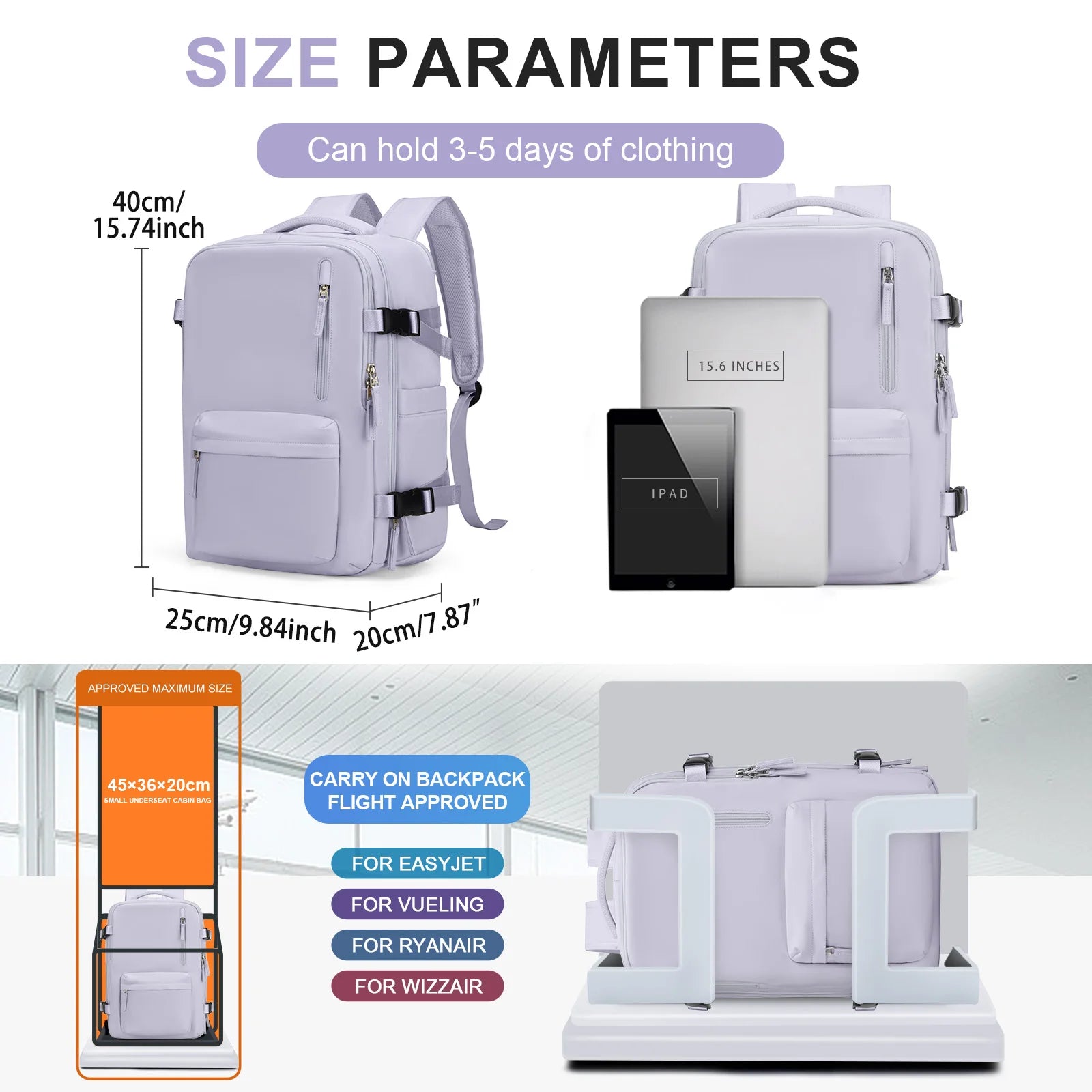 Travel Backpack Cabin Bag, Ryanair Backpack 40x20x25 Carry-Ons, Men Women 15.6 inch Laptop Backpack, Casual 40x28x17 Backpack mochila de viaje