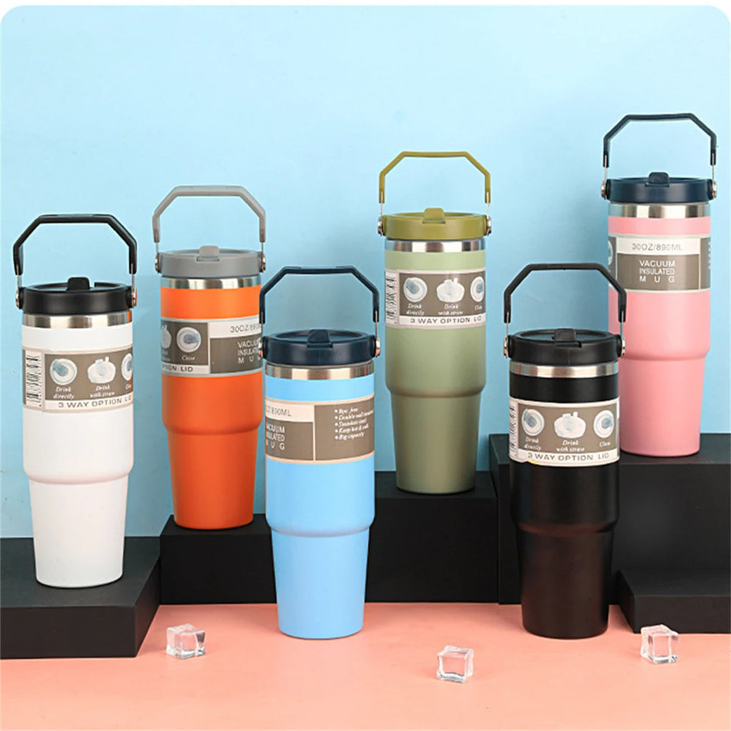 1pc Vacuum Tumbler with Lid Stainless Steel Portable Water Bottle with Dazzling Handle Insulated Tumbler Tote Handle 20/30OZ Vaso Térmico de Acero Inoxidable con Asa Brillante 20/30oz – Vacuum Insulated Tumbler with Lid