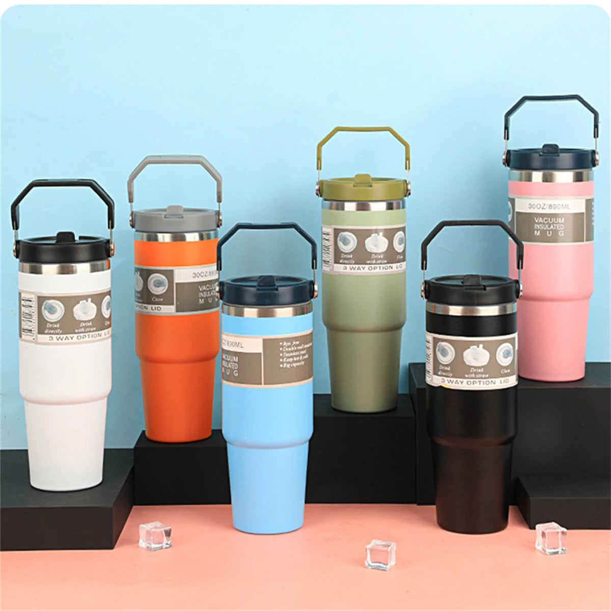 1pc Vacuum Tumbler with Lid Stainless Steel Portable Water Bottle with Dazzling Handle Insulated Tumbler Tote Handle 20/30OZ Vaso Térmico de Acero Inoxidable con Asa Brillante 20/30oz – Vacuum Insulated Tumbler with Lid
