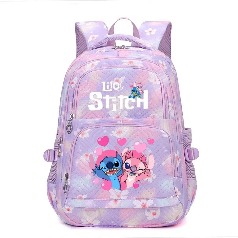 Mochila Stitch & Lilo - Gran capacidad, negra con diseño de gradiente rosa y púrpura, correas ajustables, poliéster duradero, ideal para la escuela, viajes y uso diario, mochila para la escuela.