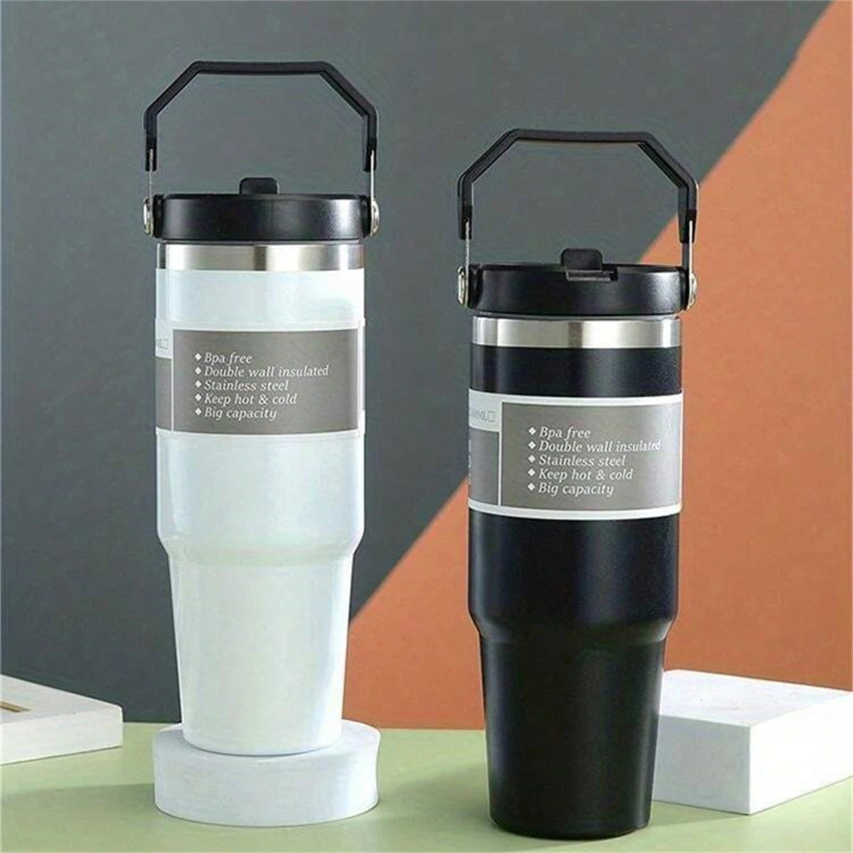 1pc Vacuum Tumbler with Lid Stainless Steel Portable Water Bottle with Dazzling Handle Insulated Tumbler Tote Handle 20/30OZ Vaso Térmico de Acero Inoxidable con Asa Brillante 20/30oz – Vacuum Insulated Tumbler with Lid