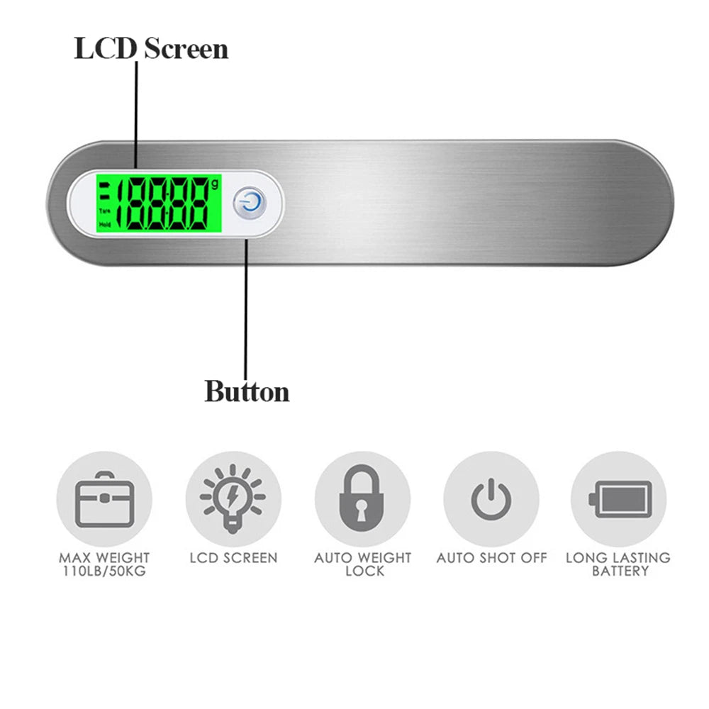 Báscula digital portátil de mano 50 kg / 110 lb con pantalla LCD – Balanza electrónica colgante con correa para pesar equipaje, maletas y viajes

50kg/110lb Hand Held Digital Luggage Scale LCD Electronic Hanging Belt Scale For Travel Suitcase Baggage Elec