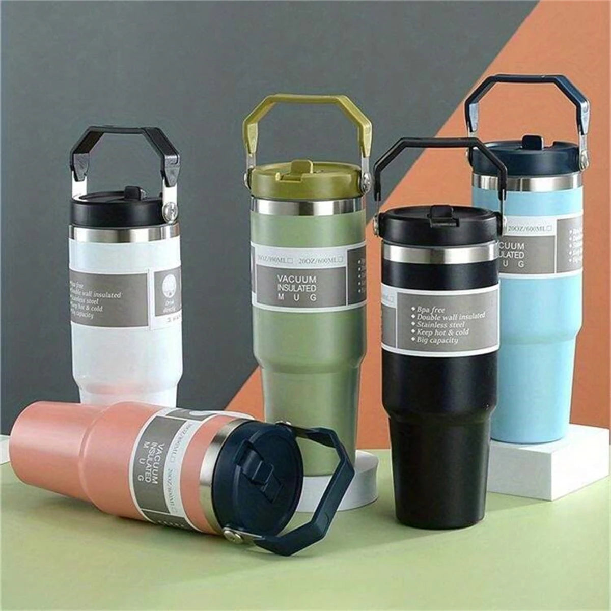 1pc Vacuum Tumbler with Lid Stainless Steel Portable Water Bottle with Dazzling Handle Insulated Tumbler Tote Handle 20/30OZ Vaso Térmico de Acero Inoxidable con Asa Brillante 20/30oz – Vacuum Insulated Tumbler with Lid
