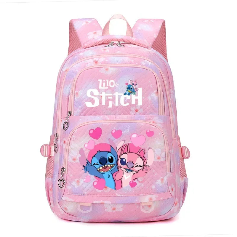 Mochila Stitch & Lilo - Gran capacidad, negra con diseño de gradiente rosa y púrpura, correas ajustables, poliéster duradero, ideal para la escuela, viajes y uso diario, mochila para la escuela.