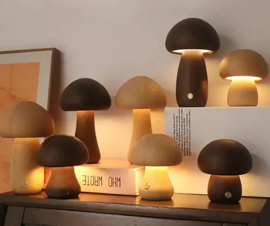 Lámpara LED Hongo de Madera – Wooden Cute Mushroom LED Night Light
